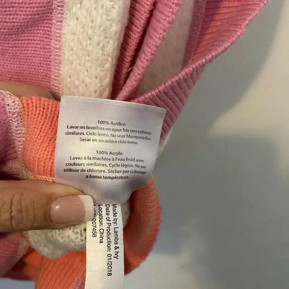Lambs & Ivy Baby Blanket Cream With Satin Trim Pink And Orange Waffle Knit 47x37